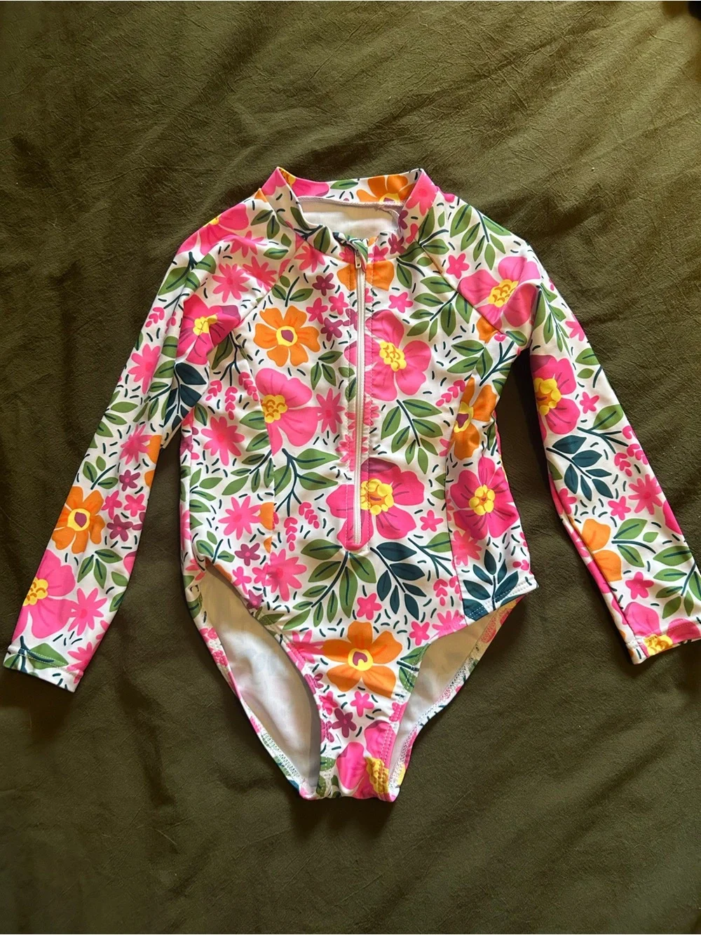 Girls Floral Long Sleeve One-Piece Swimsuit - Pink & Orange Flowers - Picture 2 of 4